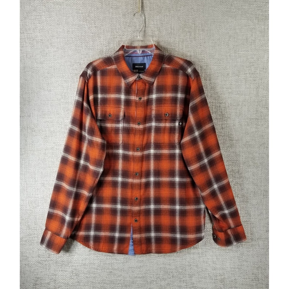 Marmot Lightweight Flannel Shirt Long Sleeve Button Down Orange Plaid Men's L